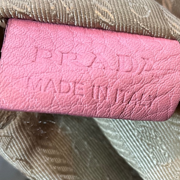 Prada, beige canvas Monogram tote with pink leather bow and trim.  173-H4g - Picture 10 of 15